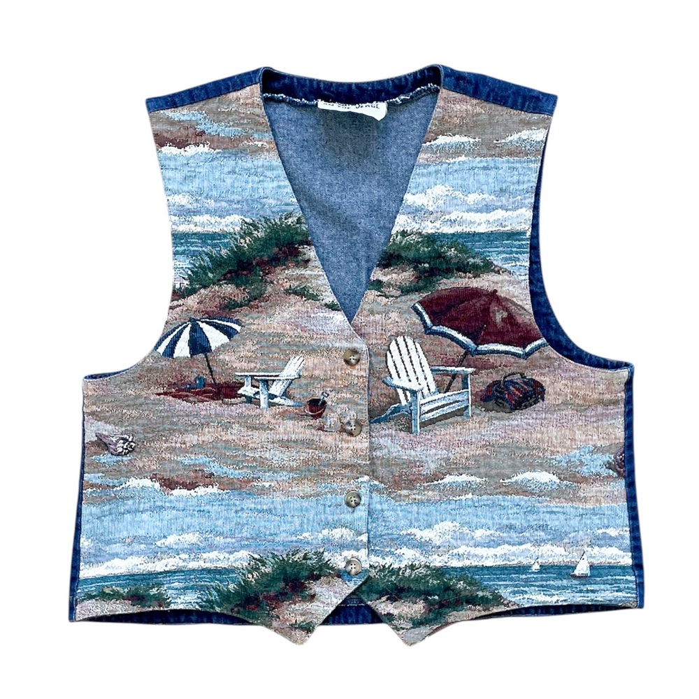Vtg 90s On The Verge Tapestry Denim Vest Beach Scene Tropical Ptp:20.75” L:20.5”